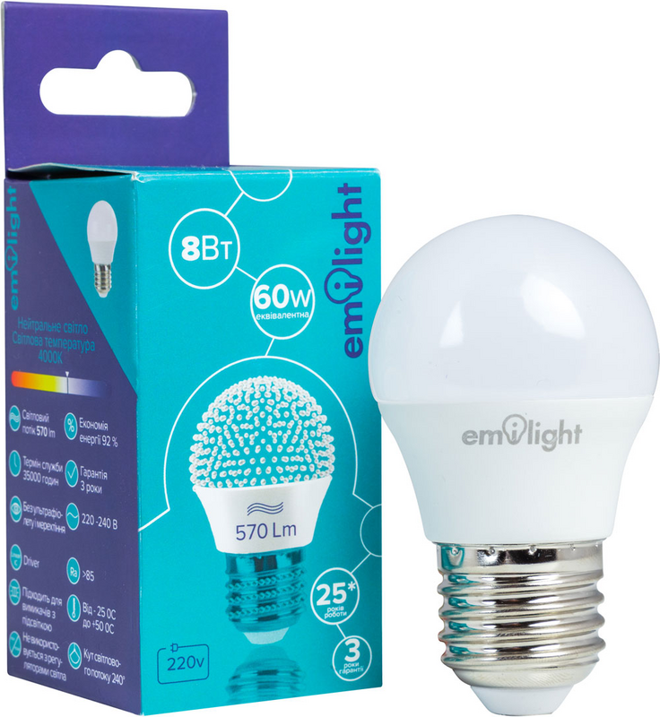 Лампа світлодіодна Emilight (6983850557921) 8Вт, E27, 4000K